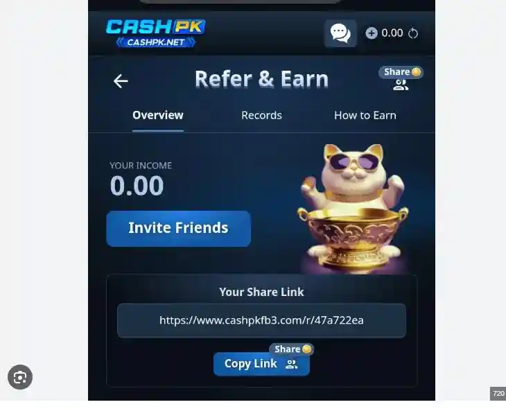 Cashpk Invite and earn Interface