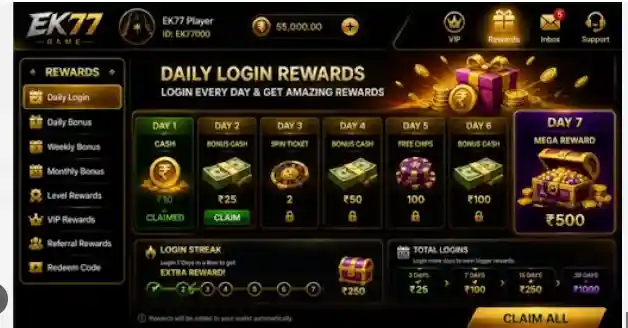 Ek77 game interface showing mobile casino mini games