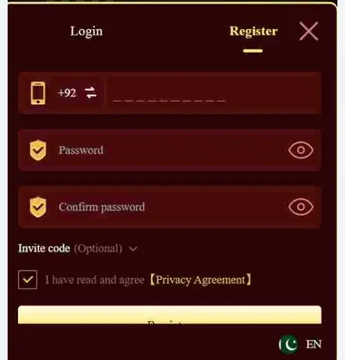 Ek77 mobile sign up screen