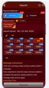 JC92 Game deposit screen with secure payment options