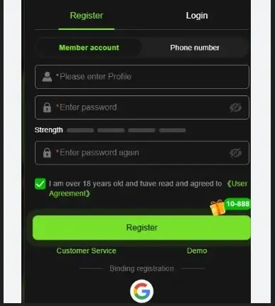 Luck86 Game registration Screen