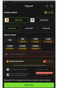 Vk999 Game deposit screen